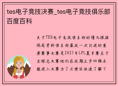 tes电子竞技决赛_tes电子竞技俱乐部百度百科